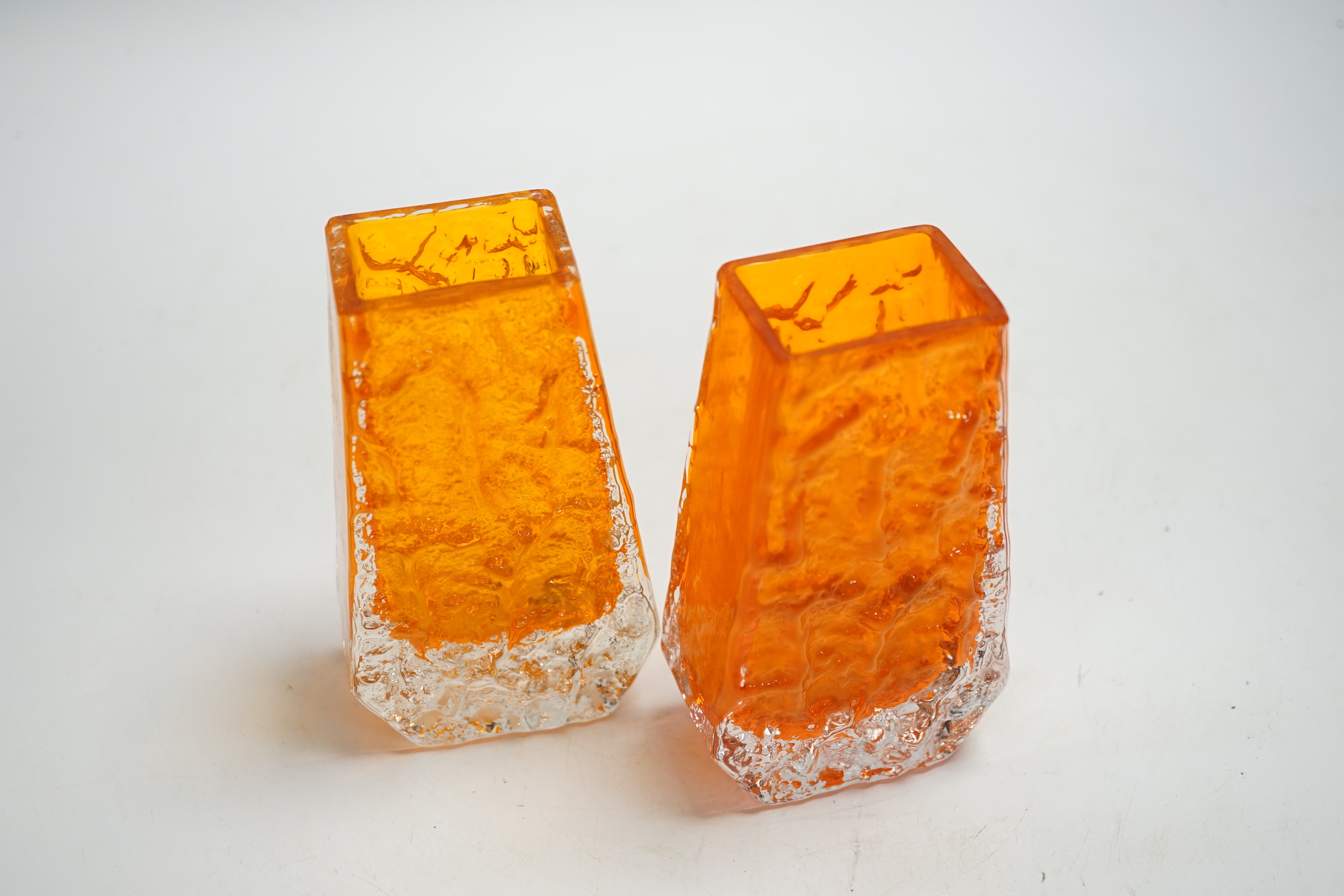 A pair of Whitefriars ‘Coffin’ vases in tangerine, 13cm